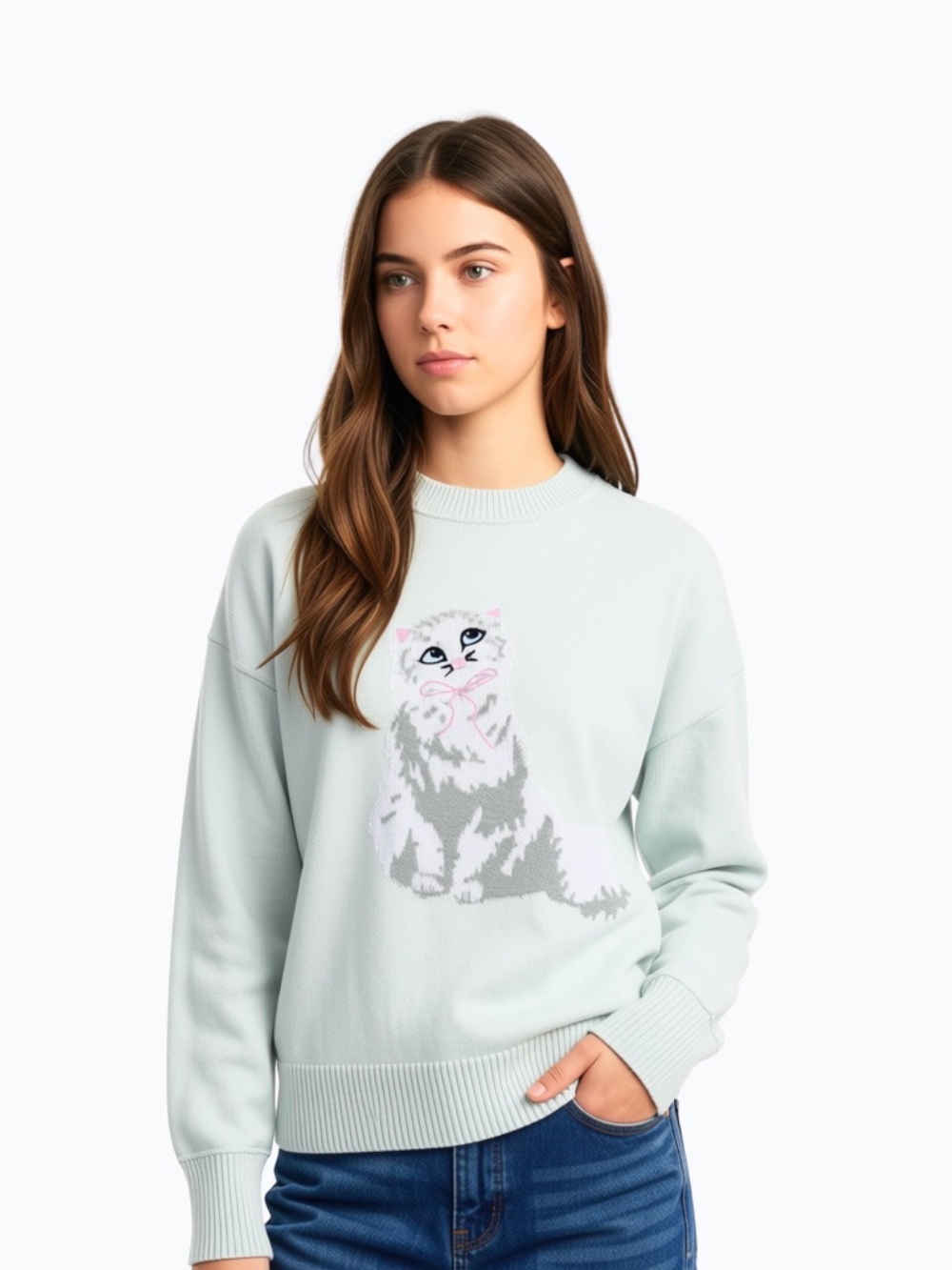 Sincerely Jules Cream, Gray, Pink Cat Knit Sweater, Boxy Cut, Lightweight